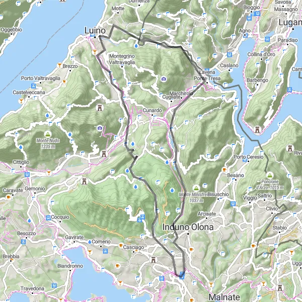 Map miniature of "Varese to Monte Albano Loop" cycling inspiration in Lombardia, Italy. Generated by Tarmacs.app cycling route planner
