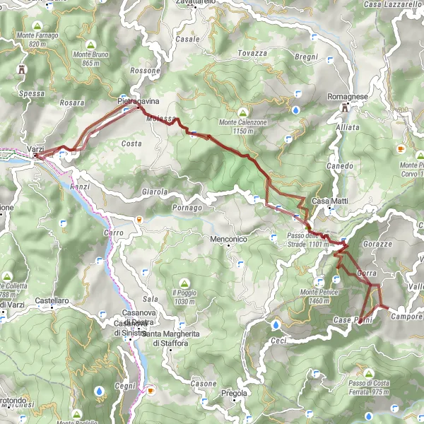 Miniatura della mappa di ispirazione al ciclismo "Giro in Gravel di Varzi" nella regione di Lombardia, Italy. Generata da Tarmacs.app, pianificatore di rotte ciclistiche