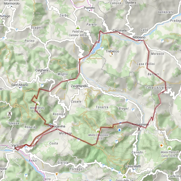 Miniature de la carte de l'inspiration cycliste "Parcours en Gravel autour de Varzi" dans la Lombardia, Italy. Générée par le planificateur d'itinéraire cycliste Tarmacs.app