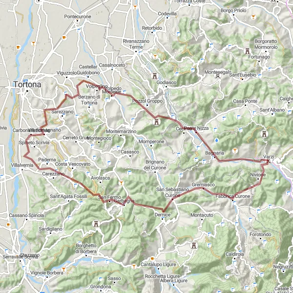 Map miniature of "Varzi Gravel Circuit" cycling inspiration in Lombardia, Italy. Generated by Tarmacs.app cycling route planner