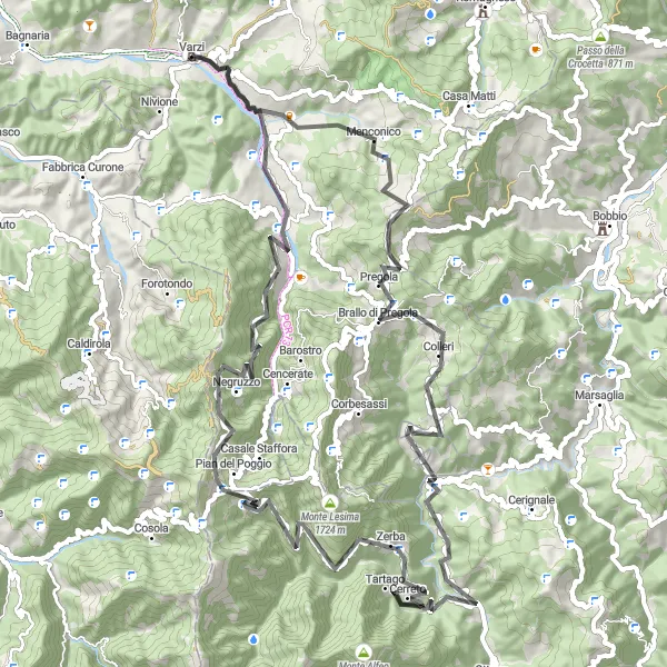 Karttaminiaatyyri "Varzin pyöräilyreitti Menconicosta Monte Chiappoon" pyöräilyinspiraatiosta alueella Lombardia, Italy. Luotu Tarmacs.app pyöräilyreittisuunnittelijalla