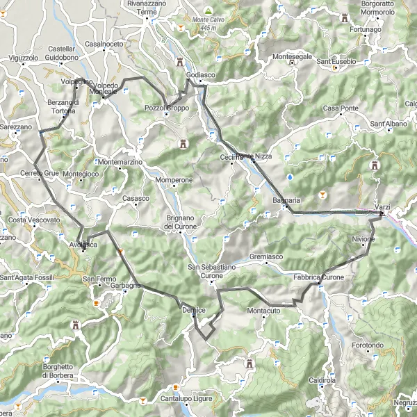 Kartminiatyr av "Varzi til Monte Giglio" sykkelinspirasjon i Lombardia, Italy. Generert av Tarmacs.app sykkelrutoplanlegger