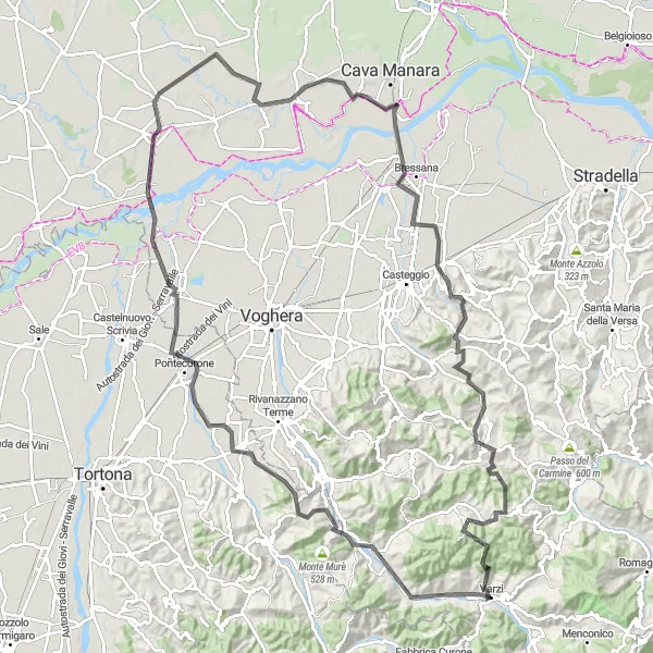 Karttaminiaatyyri "Varzi - Fortunago - Varzi" pyöräilyinspiraatiosta alueella Lombardia, Italy. Luotu Tarmacs.app pyöräilyreittisuunnittelijalla