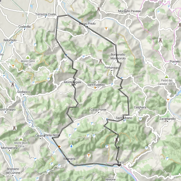 Map miniature of "Varzi to Monte Crocetta" cycling inspiration in Lombardia, Italy. Generated by Tarmacs.app cycling route planner