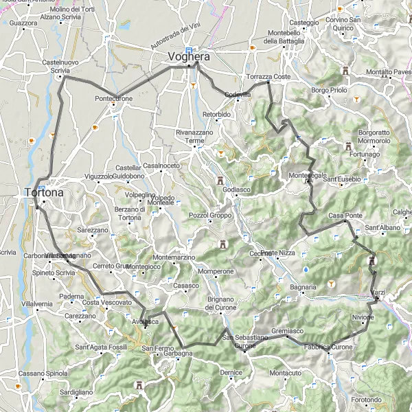 Miniatura della mappa di ispirazione al ciclismo "Giro in bicicletta stradale verso Monte Scabiolo e Poggio del Re" nella regione di Lombardia, Italy. Generata da Tarmacs.app, pianificatore di rotte ciclistiche