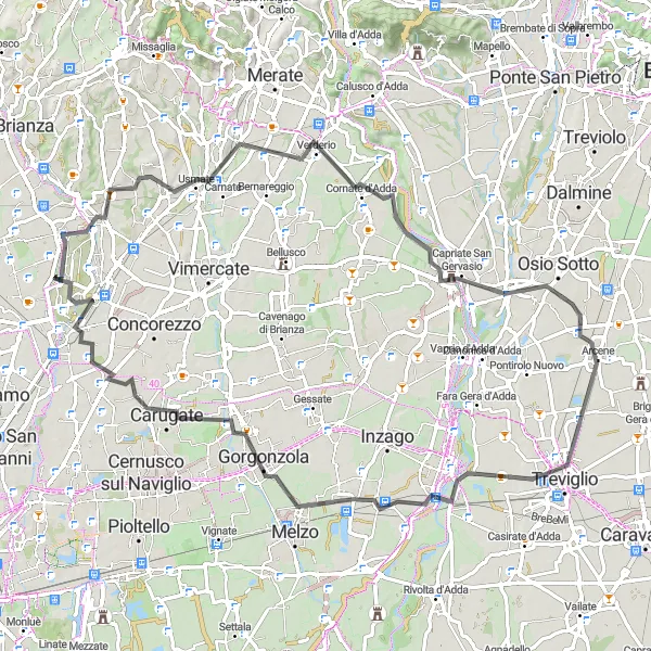 Map miniature of "The Trezzo Challenge" cycling inspiration in Lombardia, Italy. Generated by Tarmacs.app cycling route planner