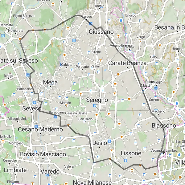 Miniatua del mapa de inspiración ciclista "Ruta de ciclismo de carretera corta desde Vedano al Lambro" en Lombardia, Italy. Generado por Tarmacs.app planificador de rutas ciclistas
