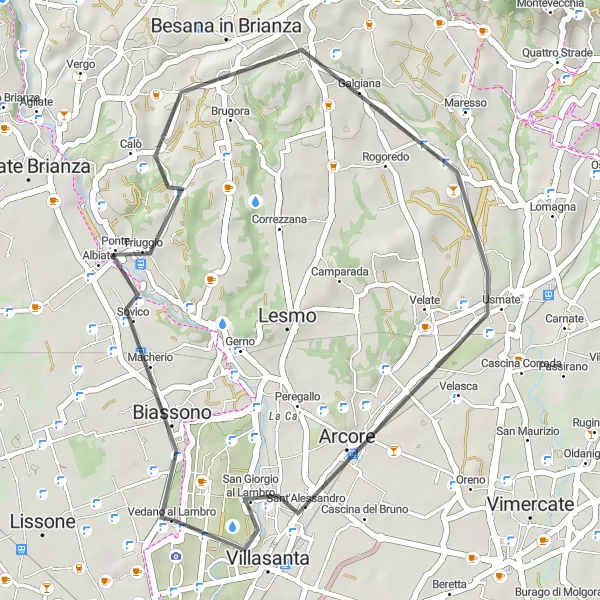 Miniatua del mapa de inspiración ciclista "Ruta en Carretera a través de Triuggio y Arcore" en Lombardia, Italy. Generado por Tarmacs.app planificador de rutas ciclistas