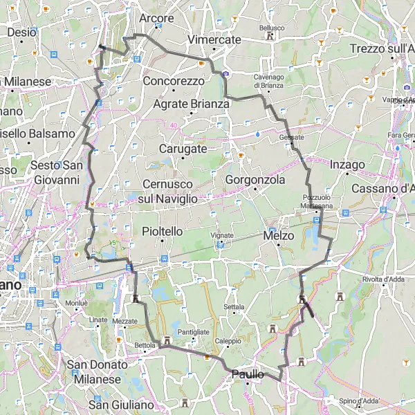 Map miniature of "The Hills and Villages of Lombardia" cycling inspiration in Lombardia, Italy. Generated by Tarmacs.app cycling route planner