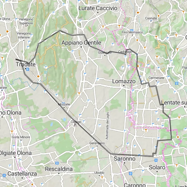 Miniatura della mappa di ispirazione al ciclismo "Giro in bici da Tradate a Locate Varesino" nella regione di Lombardia, Italy. Generata da Tarmacs.app, pianificatore di rotte ciclistiche