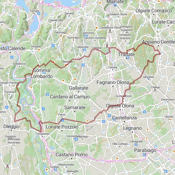 Map miniature of "The Ultimate Gravel Adventure: Veniano to Tradate" cycling inspiration in Lombardia, Italy. Generated by Tarmacs.app cycling route planner