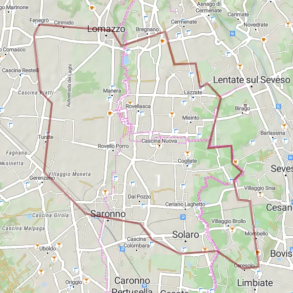 Map miniature of "Bregnano - Limbiate - Gerenzano" cycling inspiration in Lombardia, Italy. Generated by Tarmacs.app cycling route planner