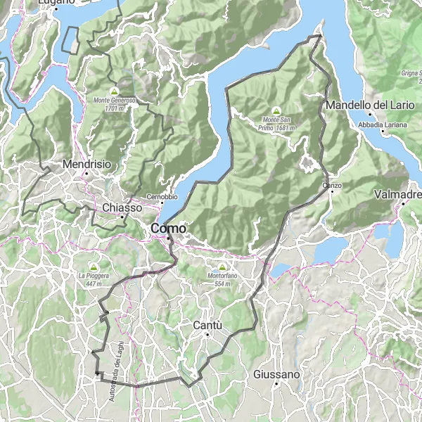 Map miniature of "The Mountain Challenge: Veniano to Bregnano" cycling inspiration in Lombardia, Italy. Generated by Tarmacs.app cycling route planner