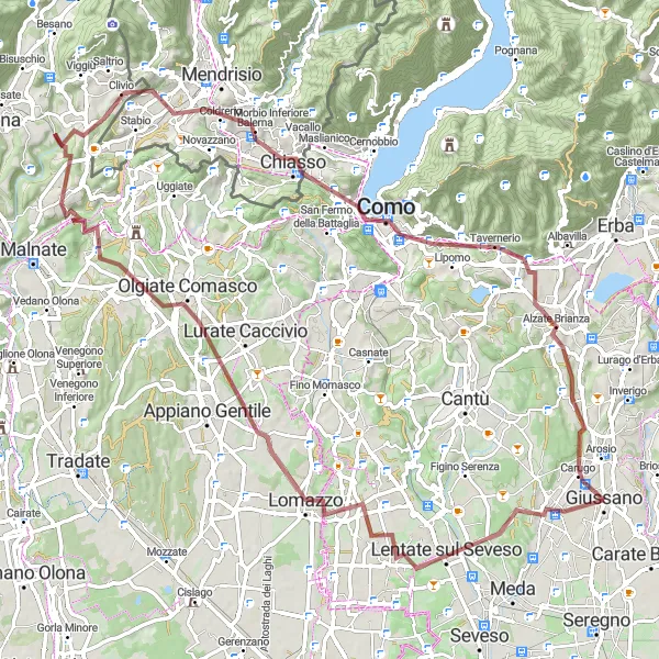 Miniatua del mapa de inspiración ciclista "Ruta de grava a través de Mariano Comense y Giussano" en Lombardia, Italy. Generado por Tarmacs.app planificador de rutas ciclistas