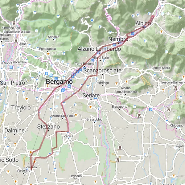 Kartminiatyr av "Eventyrlige grusturer fra Comun Nuovo til Levate" sykkelinspirasjon i Lombardia, Italy. Generert av Tarmacs.app sykkelrutoplanlegger