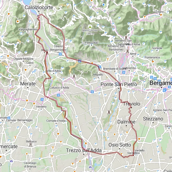 Karttaminiaatyyri "Seikkailu Trezzon sull'Addassa ja Pontidassa" pyöräilyinspiraatiosta alueella Lombardia, Italy. Luotu Tarmacs.app pyöräilyreittisuunnittelijalla