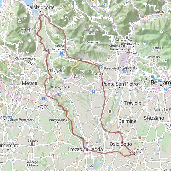 Mapa miniatúra "Gravelová trasa do okolia Verdellina" cyklistická inšpirácia v Lombardia, Italy. Vygenerované cyklistickým plánovačom trás Tarmacs.app