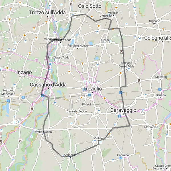 Miniatua del mapa de inspiración ciclista "Ruta de ciclismo de carretera Verdellino - Brembate" en Lombardia, Italy. Generado por Tarmacs.app planificador de rutas ciclistas