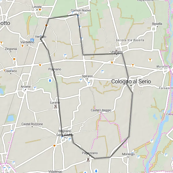 Map miniature of "Verdellino - Cologno al Serio - Pagazzano - Lurano" cycling inspiration in Lombardia, Italy. Generated by Tarmacs.app cycling route planner