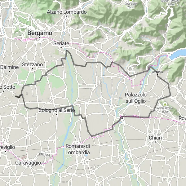 Mapa miniatúra "Road cyklo cesta cez Comun Nuovo, Grassobbio, Chiuduno, Adro, Cortenuova a Cologno al Serio" cyklistická inšpirácia v Lombardia, Italy. Vygenerované cyklistickým plánovačom trás Tarmacs.app