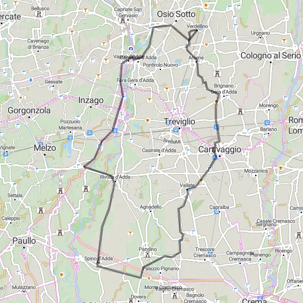 Map miniature of "Verdellino - Caravaggio - Spino d’Adda - Boltiere" cycling inspiration in Lombardia, Italy. Generated by Tarmacs.app cycling route planner