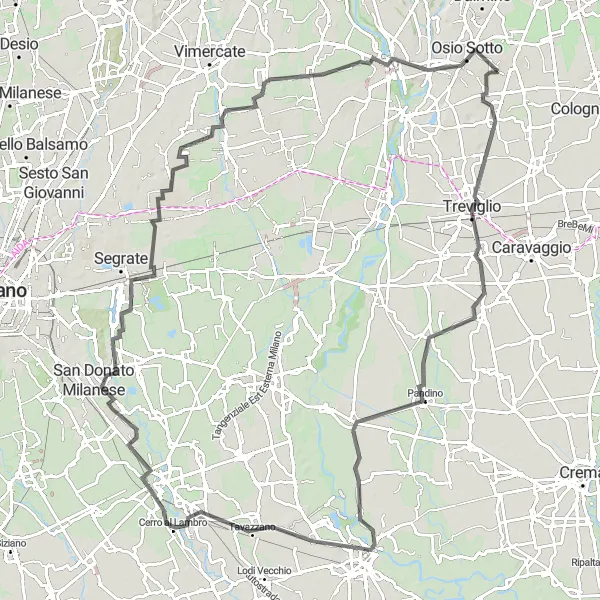 Miniatura della mappa di ispirazione al ciclismo "Giro in bicicletta tra Calvenzano e Brembate" nella regione di Lombardia, Italy. Generata da Tarmacs.app, pianificatore di rotte ciclistiche