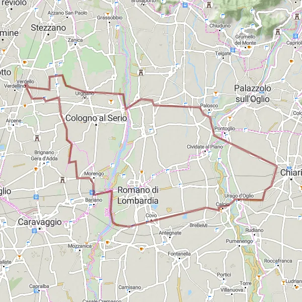 Miniatua del mapa de inspiración ciclista "Ruta por Urgnano y Pontoglio" en Lombardia, Italy. Generado por Tarmacs.app planificador de rutas ciclistas