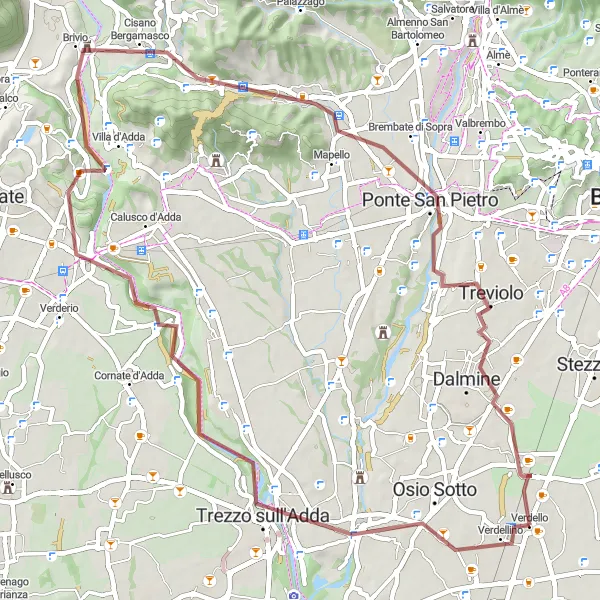 Map miniature of "Robbiate Gravel Adventure" cycling inspiration in Lombardia, Italy. Generated by Tarmacs.app cycling route planner