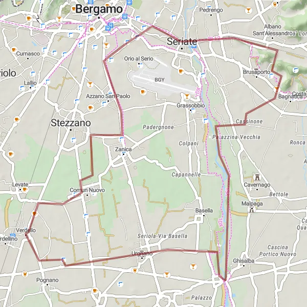 Map miniature of "Verdello to Comun Nuovo and Urgnano" cycling inspiration in Lombardia, Italy. Generated by Tarmacs.app cycling route planner