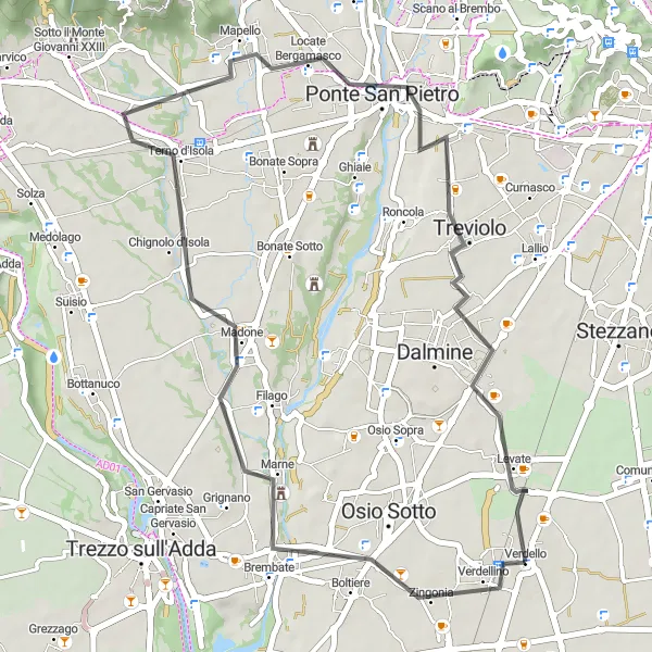 Miniatura della mappa di ispirazione al ciclismo "Avventuroso giro in bicicletta verso Chignolo d'Isola e Mozzo" nella regione di Lombardia, Italy. Generata da Tarmacs.app, pianificatore di rotte ciclistiche