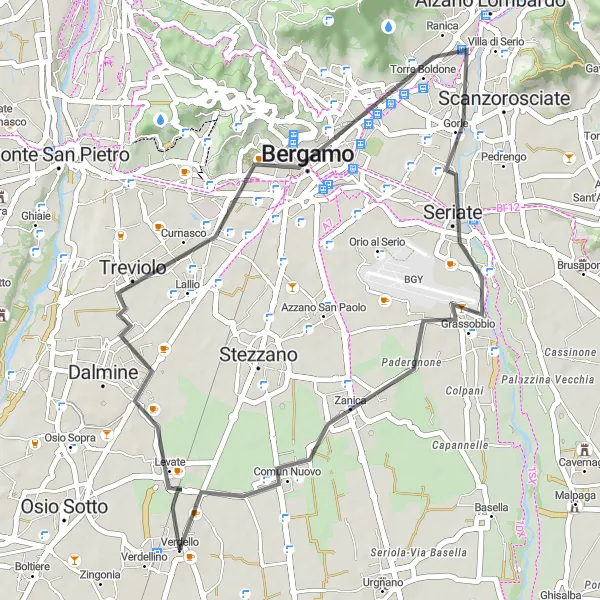 Kartminiatyr av "Treviolo cykelrundtur" cykelinspiration i Lombardia, Italy. Genererad av Tarmacs.app cykelruttplanerare
