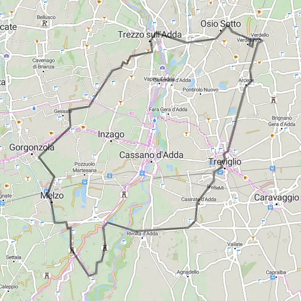 Miniatura della mappa di ispirazione al ciclismo "Tour in bicicletta tra Arcene e Trezzo sull'Adda" nella regione di Lombardia, Italy. Generata da Tarmacs.app, pianificatore di rotte ciclistiche