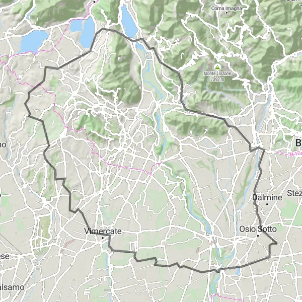 Map miniature of "Verdello to Basiano and Olginate" cycling inspiration in Lombardia, Italy. Generated by Tarmacs.app cycling route planner