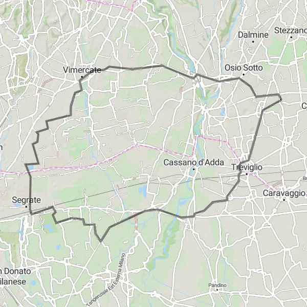 Zemljevid v pomanjšavi "Okrog Verdella in Arzaga d'Adde" kolesarske inspiracije v Lombardia, Italy. Generirano z načrtovalcem kolesarskih poti Tarmacs.app