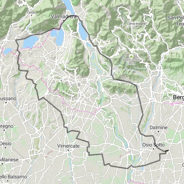 Miniatura della mappa di ispirazione al ciclismo "Giro in bici da Verdello a Lecco e ritorno" nella regione di Lombardia, Italy. Generata da Tarmacs.app, pianificatore di rotte ciclistiche