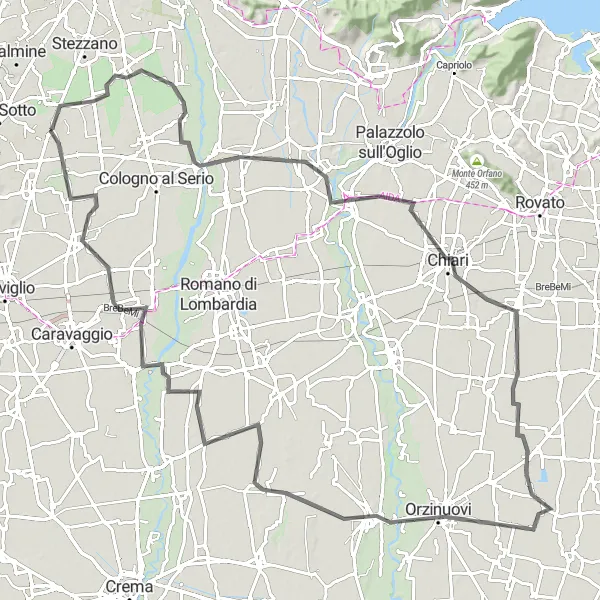 Map miniature of "Verdello to Comun Nuovo, Pontoglio, Pompiano, and Brignano Gera d'Adda Road Cycling Route" cycling inspiration in Lombardia, Italy. Generated by Tarmacs.app cycling route planner