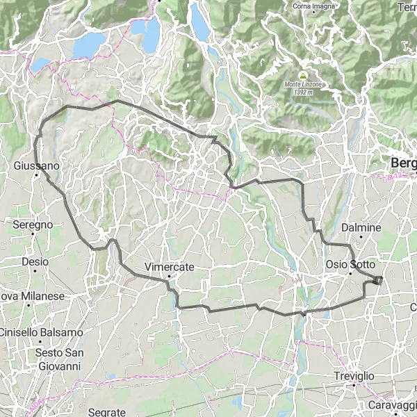 Miniatura della mappa di ispirazione al ciclismo "Itinerario in bicicletta da Verdello a Basiano e Monte Robbio" nella regione di Lombardia, Italy. Generata da Tarmacs.app, pianificatore di rotte ciclistiche