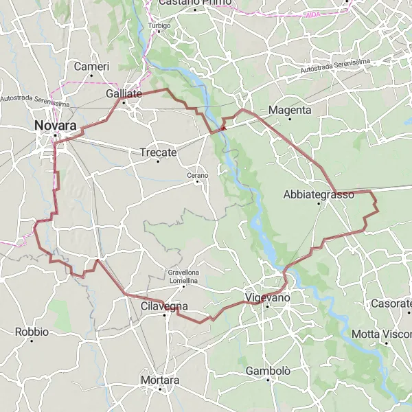 Kartminiatyr av "Grusvägsrundtur via Ozzero, Novara och Boffalora sopra Ticino" cykelinspiration i Lombardia, Italy. Genererad av Tarmacs.app cykelruttplanerare