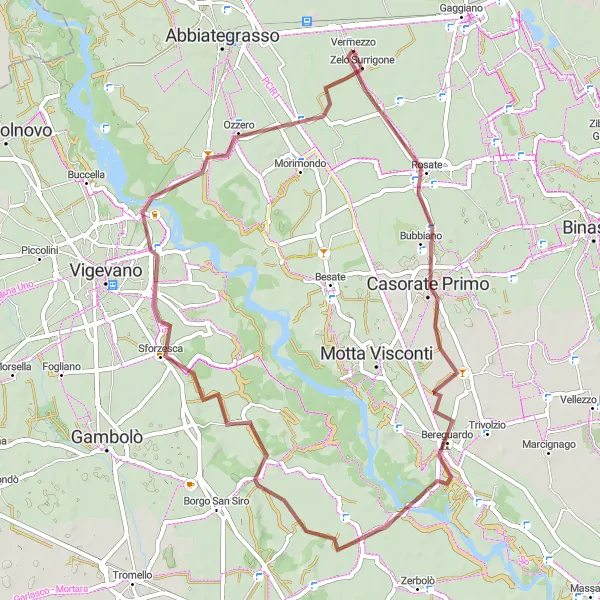 Mapa miniatúra "Gravelová trasa - Bereguardo a Zelo Surrigone" cyklistická inšpirácia v Lombardia, Italy. Vygenerované cyklistickým plánovačom trás Tarmacs.app