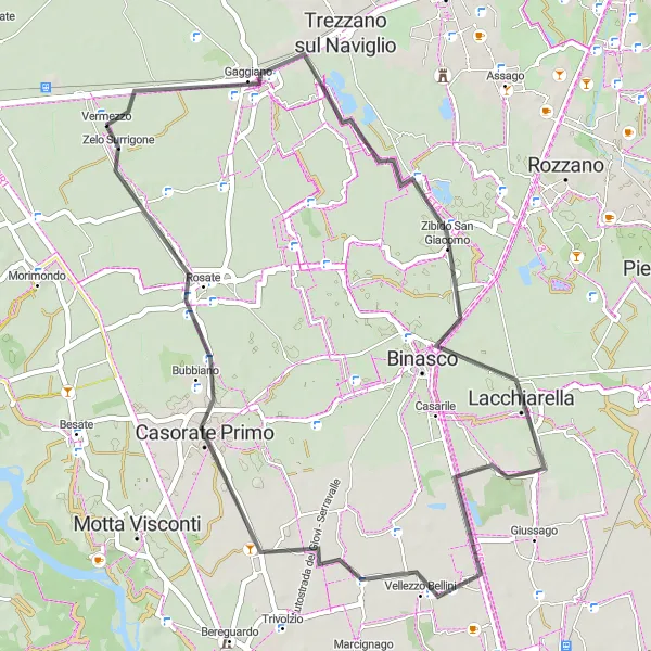 Miniature de la carte de l'inspiration cycliste "Itinéraire Gaggiano-Zelo Surrigone" dans la Lombardia, Italy. Générée par le planificateur d'itinéraire cycliste Tarmacs.app