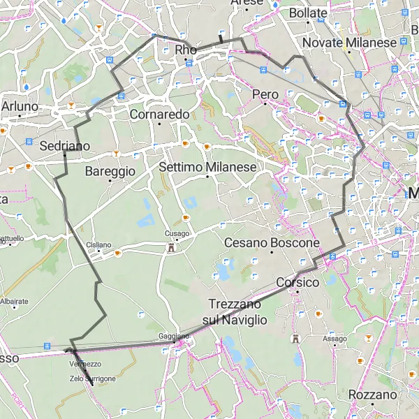 Zemljevid v pomanjšavi "Kolesarska pot z začetkom v Vermezzu" kolesarske inspiracije v Lombardia, Italy. Generirano z načrtovalcem kolesarskih poti Tarmacs.app