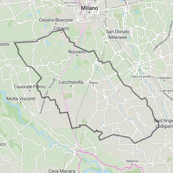 Miniatuurkaart van de fietsinspiratie "Fietstocht rond Vermezzo - Corsico - Locate di Triulzi - Caselle Lurani - Villanterio - Rosate" in Lombardia, Italy. Gemaakt door de Tarmacs.app fietsrouteplanner