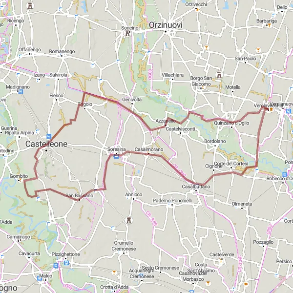 Zemljevid v pomanjšavi "Kolesarska pot ob reki Oglio" kolesarske inspiracije v Lombardia, Italy. Generirano z načrtovalcem kolesarskih poti Tarmacs.app