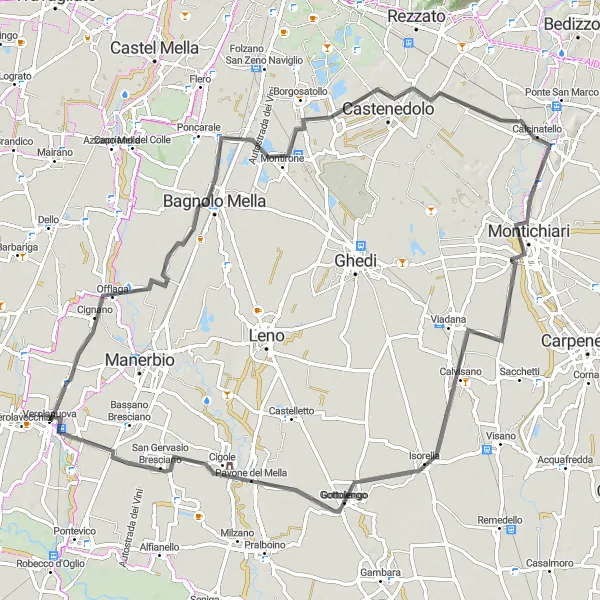 Kartminiatyr av "Oppdag Montichiari og Isorella på sykkel" sykkelinspirasjon i Lombardia, Italy. Generert av Tarmacs.app sykkelrutoplanlegger