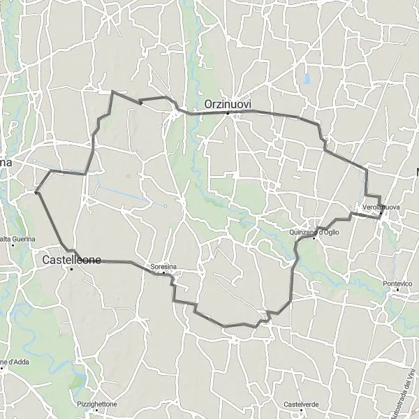 Zemljevid v pomanjšavi "Krožna kolesarska pot okoli Verolanuove" kolesarske inspiracije v Lombardia, Italy. Generirano z načrtovalcem kolesarskih poti Tarmacs.app