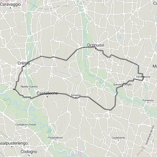 Kartminiatyr av "Sykkeltur til Crema fra Verolanuova" sykkelinspirasjon i Lombardia, Italy. Generert av Tarmacs.app sykkelrutoplanlegger