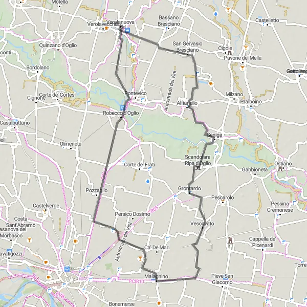 Zemljevid v pomanjšavi "Krožna kolesarska pot Verolanuova - Scandolara Ripa d'Oglio - Malagnino - Robecco d'Oglio - Verolanuova" kolesarske inspiracije v Lombardia, Italy. Generirano z načrtovalcem kolesarskih poti Tarmacs.app