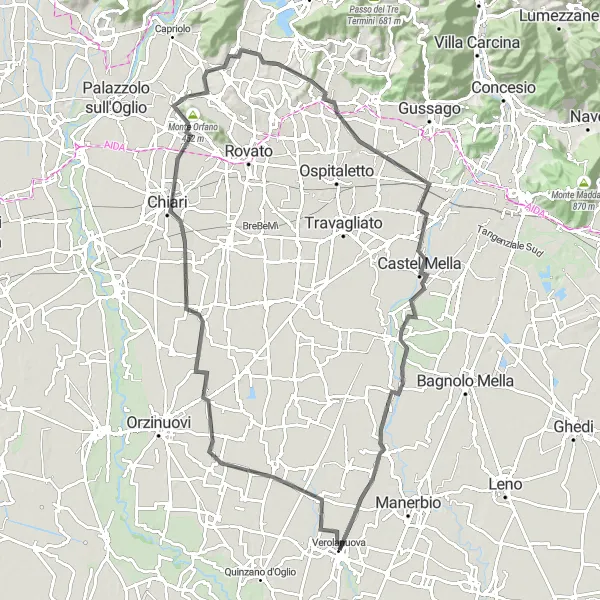 Map miniature of "Verolanuova - Chiari - Monte Orfano - Monte Castelli Route" cycling inspiration in Lombardia, Italy. Generated by Tarmacs.app cycling route planner