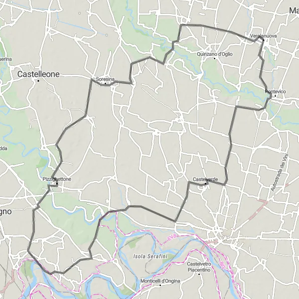 Miniatua del mapa de inspiración ciclista "Ruta de ciclismo de carretera desde Verolanuova a Borgo San Giacomo y Verolanuova" en Lombardia, Italy. Generado por Tarmacs.app planificador de rutas ciclistas