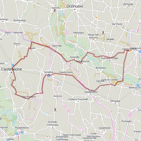 Miniatua del mapa de inspiración ciclista "Ruta de Verolavecchia a Castelvisconti" en Lombardia, Italy. Generado por Tarmacs.app planificador de rutas ciclistas